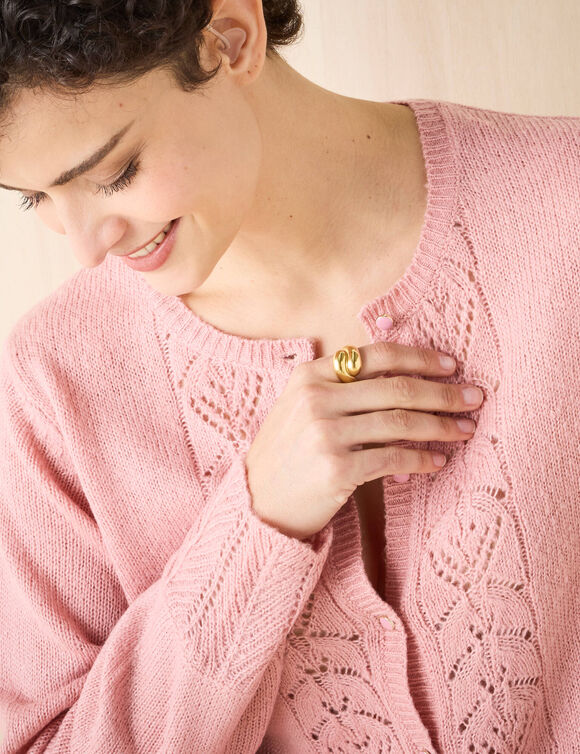 Gilet boutonné, maille ajourée (rose grisé)