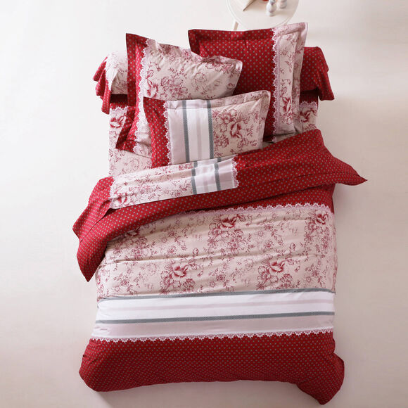Linge de lit Gabrielle en coton imprimé pois, fleurs et dentelle (rouge)