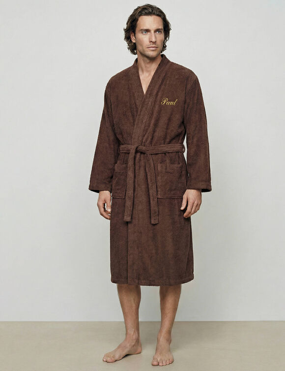 Effen badjas voor volwassenen met kimono-kraag, gepersonaliseerd &ndash; lusjesbadstof 380 g/m&sup2; (chocolade)