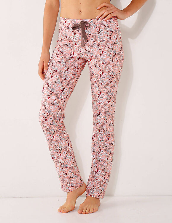 Pantalon imprim&eacute; fleuri - jersey coton (rose)