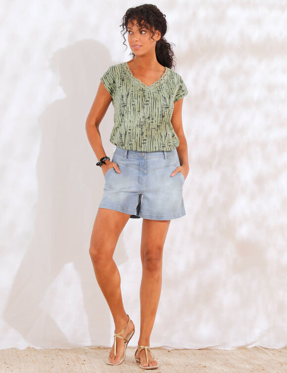 T-shirt imprim&eacute;, col V macram&eacute; (kaki / noir)