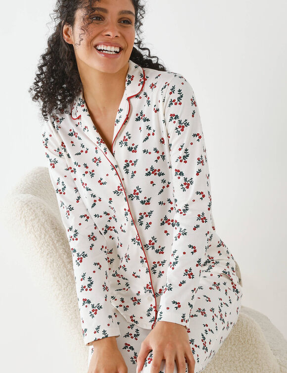 Pyjama col tailleur imprimé houx  (écru / cerise)