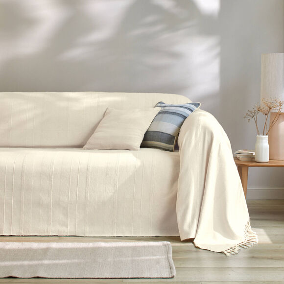 Plaid of sprei, effen katoen met artisanaal weefsel (ecru)