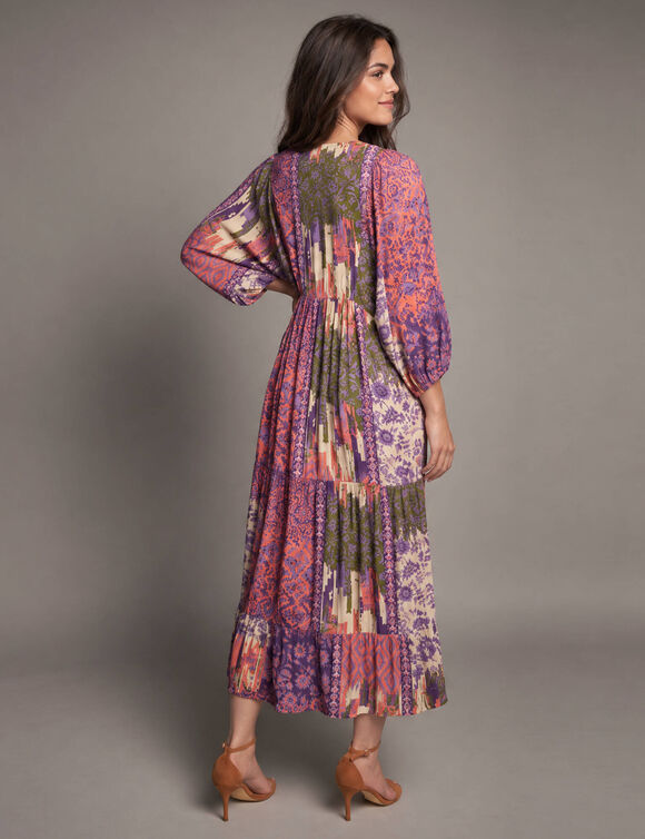 Robe longue imprim&eacute;e, cr&eacute;pon (prune / kaki)