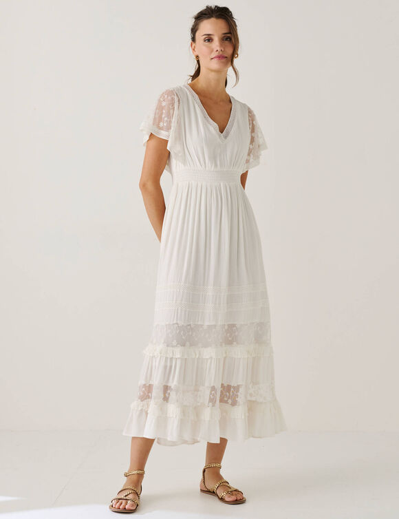 Lange jurk in crepon en geborduurde tule (ecru)