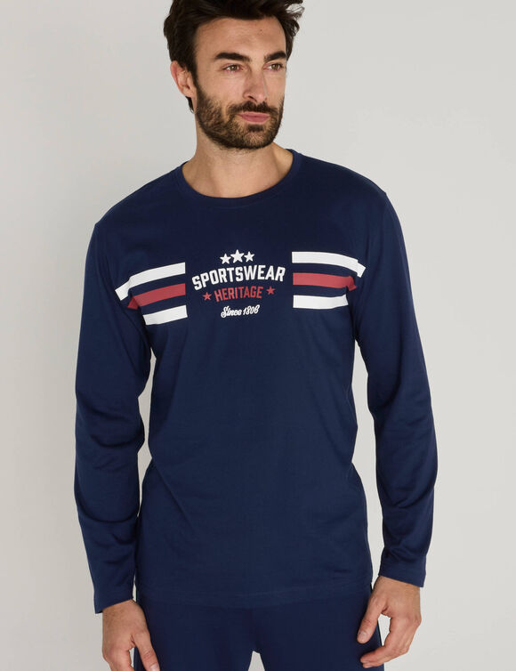 Pyjama-T-shirt met motief en strepen, lange mouwen (marine)