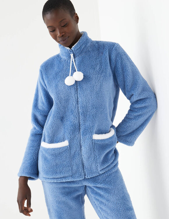 Pyjama pantalon polaire, avec veste zipp&eacute;e &agrave; pompons (bleu glacier / &eacute;cru)