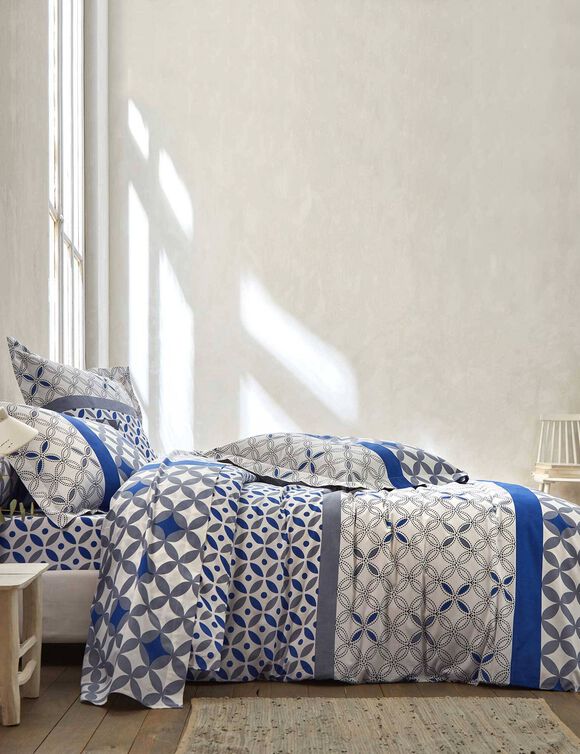 Linge de lit Marlow coton, imprimé géométrique (gris / bleu)