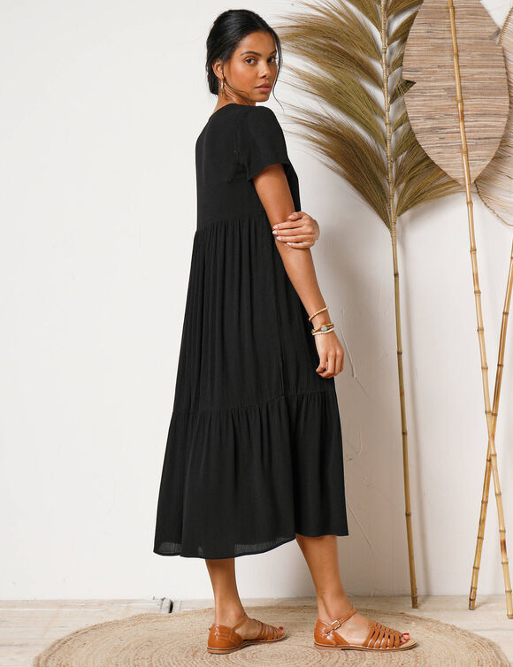 Robe col V longue unie, crépon (noir)