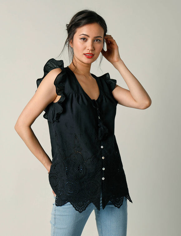 Chemisier boutonné uni, broderie anglaise (noir)