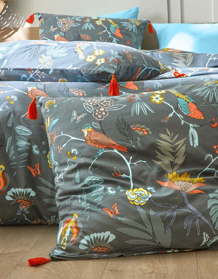 Linge de lit Amelia en coton imprimé oiseaux et finitions pompons, vert canard Linge de lit Amelia en coton imprimé oiseaux et finitions pompons, vert canard, hi-res image number 3