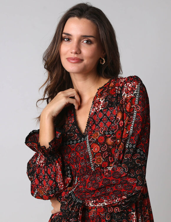 Robe longue boh&egrave;me imprim&eacute; patchwork, en cr&eacute;pon  (zwart / paprika)