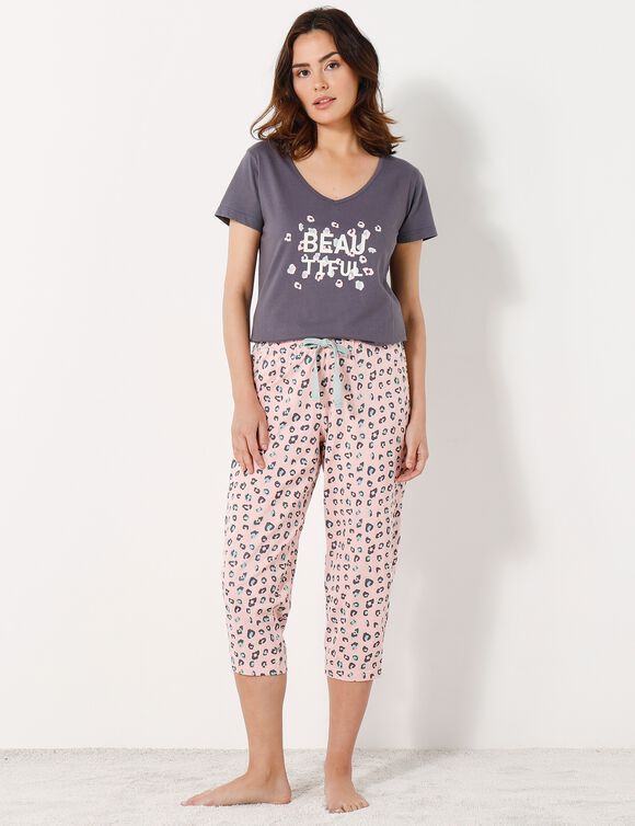 Pantacourt pyjama imprimé "Beautiful" (rose)