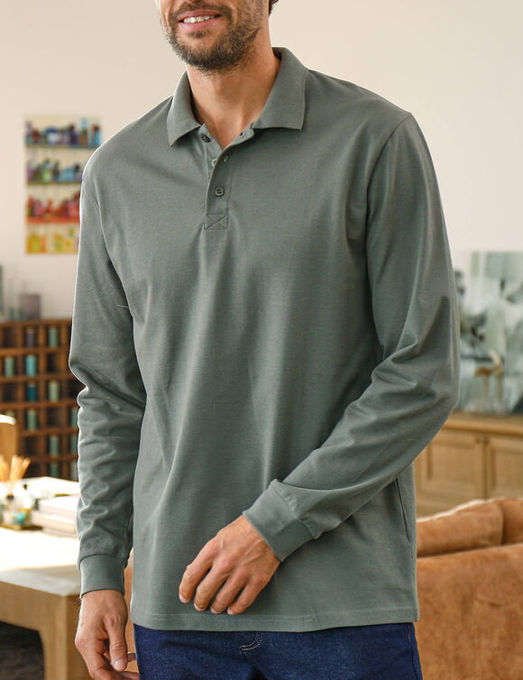 Polo uni maille piquée manches longues (vert grisé)