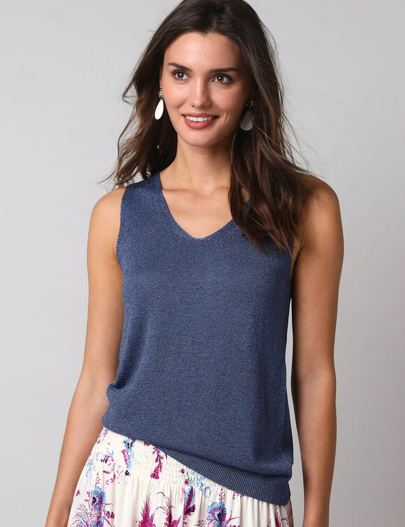 D&eacute;bardeur col V fine maille et fil brillant (jeansblauw)