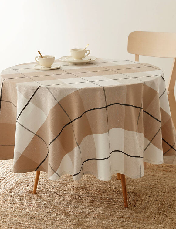 Tafellaken in katoen-linnen, ingeweven ruitjes (beige)