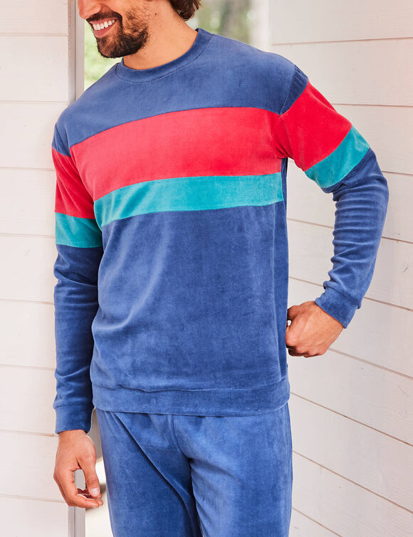 Pyjama tricolore velours manches longues (marine)