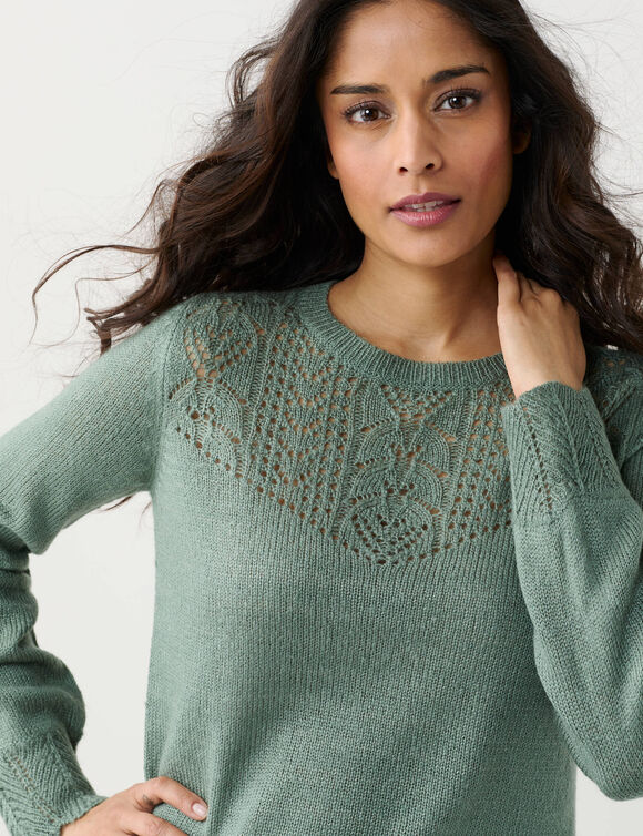 Pull col rond maille ajour&eacute;e, toucher doux (vert tilleul)