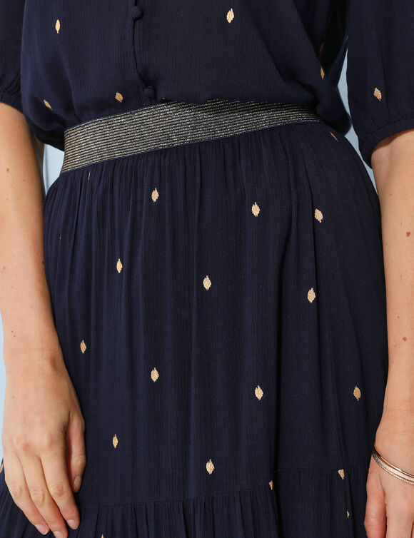 Jupe longue volant&eacute;e imprim&eacute; dor&eacute;, cr&eacute;pon (marine / dor&eacute;)