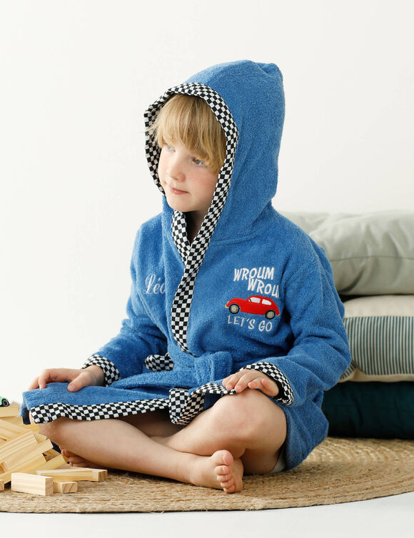 Badjas voor kinderen met kap en automotief, personaliseerbaar, katoenen badstof - 340 g/m2 (felblauw)