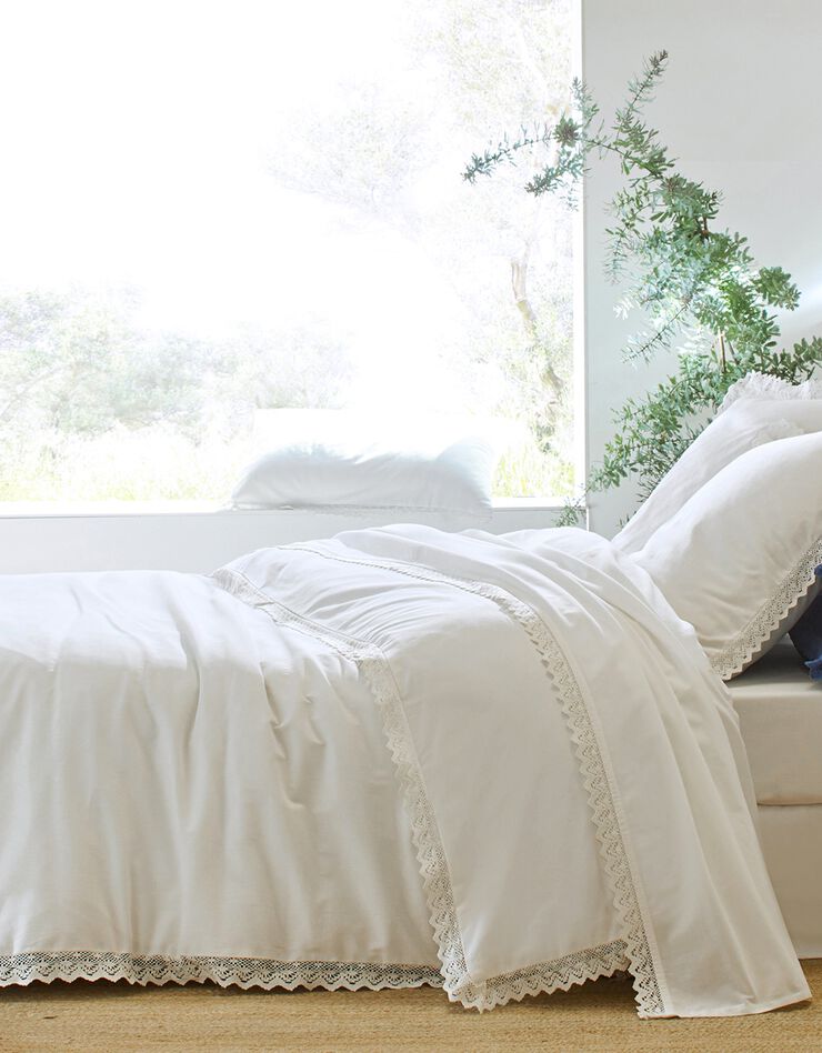Linge de lit uni dentelle coton (blanc)