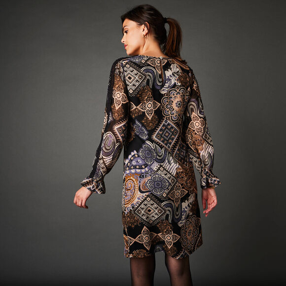 Robe droite imprimé patchwork (noir / beige)