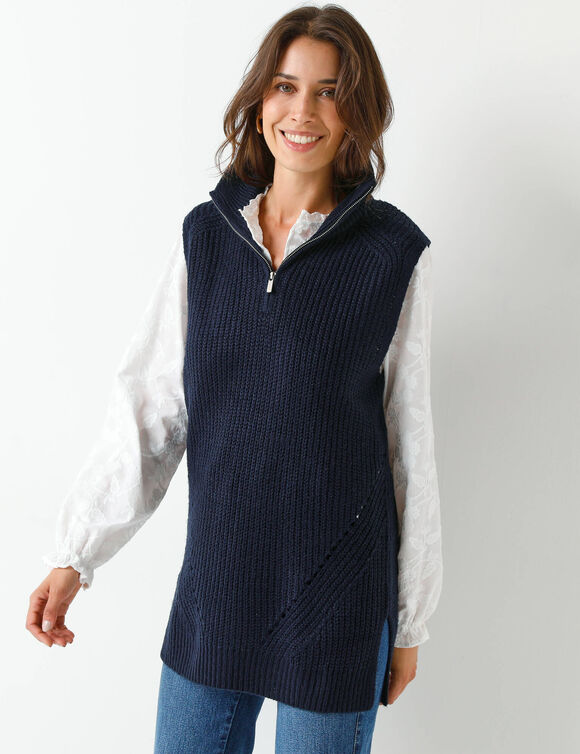Pull tunique en côte sans manches, col montant zippé (marine)