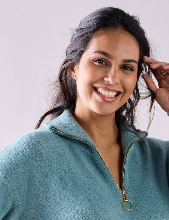 Pull tunique col camionneur zippé (turquoise grisé)