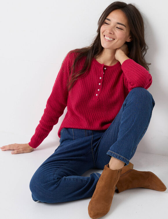 Trui met Tunesische hals, patenttricot met zachte touch (framboos)