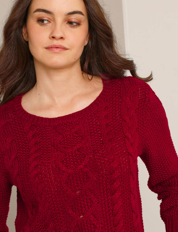 Pull col rond, maille torsad&eacute;e (rouge fonc&eacute;)