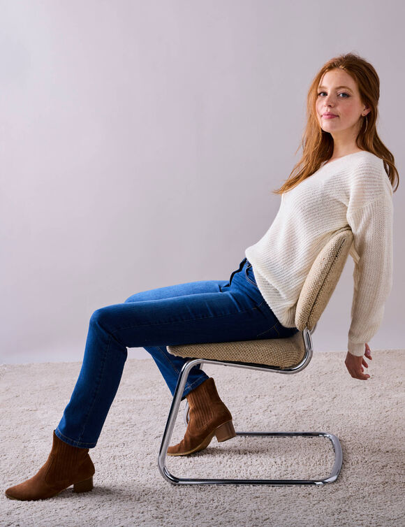 Pull col V, maille anglaise toucher doux (écru)