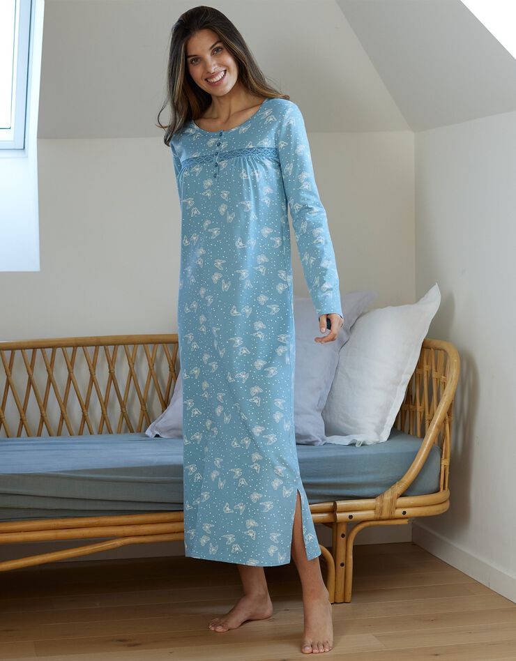 gastheer Uitpakken BES Lang nachthemd met lange mouwen en vlinderprint, grijsblauw | Blancheporte