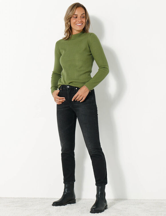 Pull col montant court, maille c&ocirc;tel&eacute;e (vert olive)