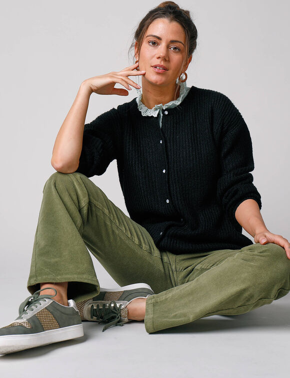 Cardigan boutons perles fantaisie, maille anglaise toucher doux (noir)