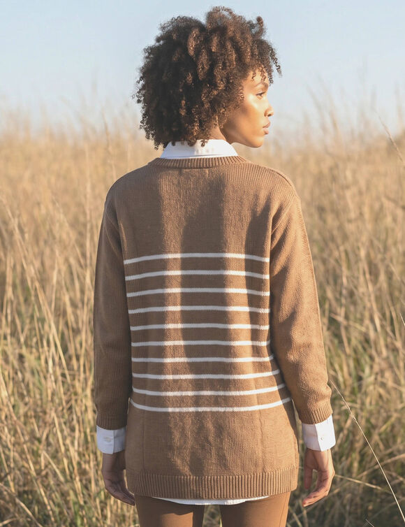Pull tunique ray&eacute;, manches longues, toucher doux (caramel / rose)