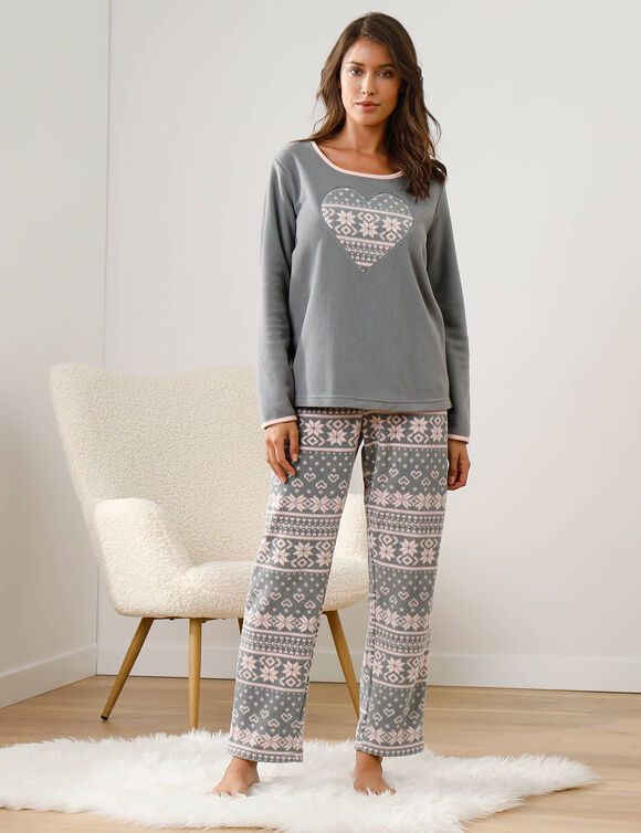 Pyjama pantalon imprimé coeur, maille polaire (gris / rose)