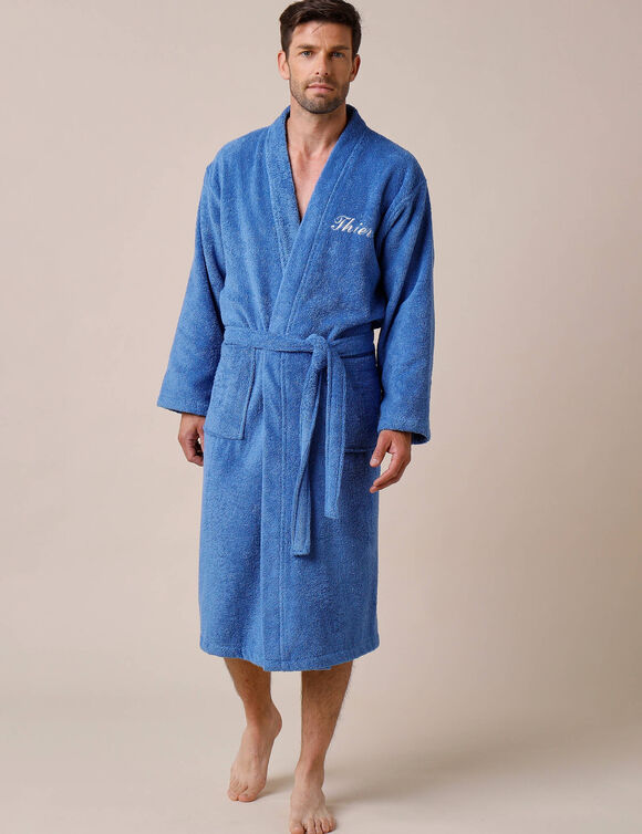 Effen badjas in lusjesbadstof met kimonokraag, volwassenen, gepersonaliseerd (felblauw)