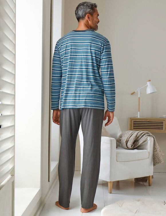 Pyjama rayé col tunisien (anthracite / bleu canard)