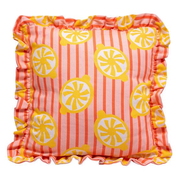 Coussin imprim&eacute; ray&eacute; et citrons (jaune / corail)