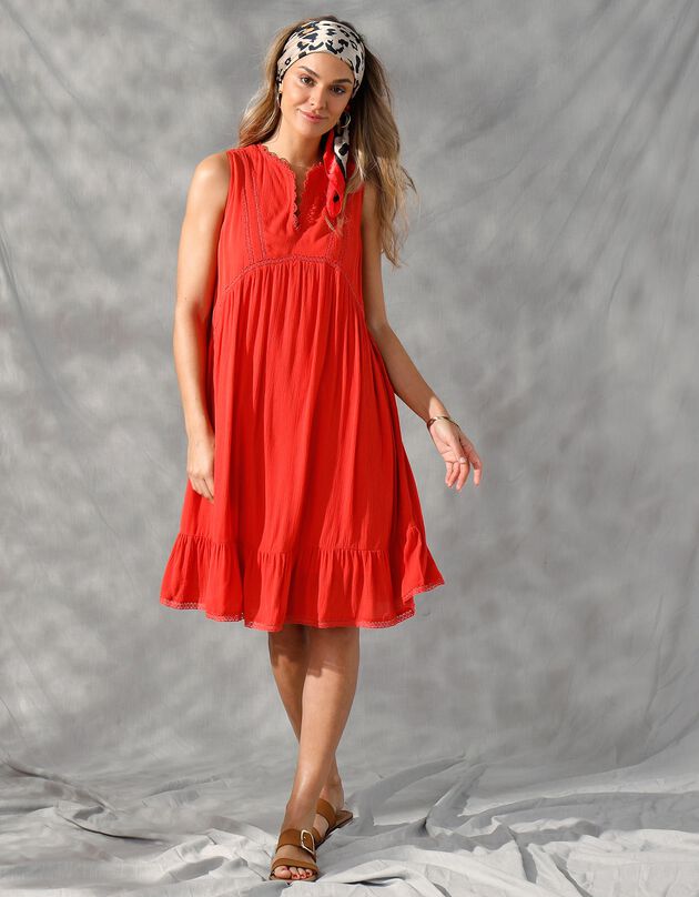 Robe sans manches unie découpes en macramé (orange)