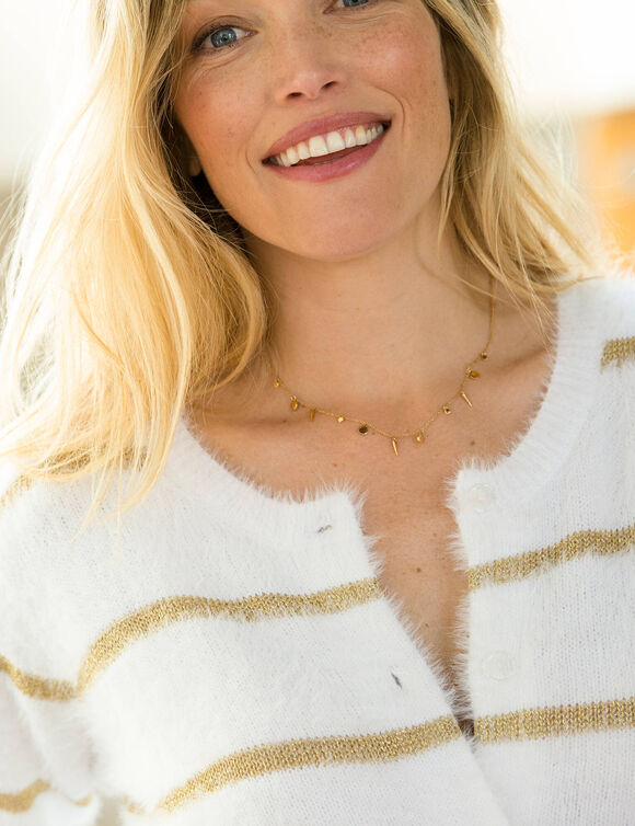 Cardigan rayures dorées, maille poilue (blanc cassé / doré)