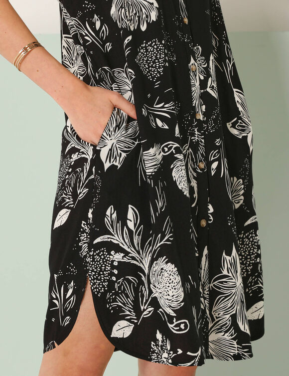 Robe courte boutonnée imprimé végétal, fluide (noir / écru)
