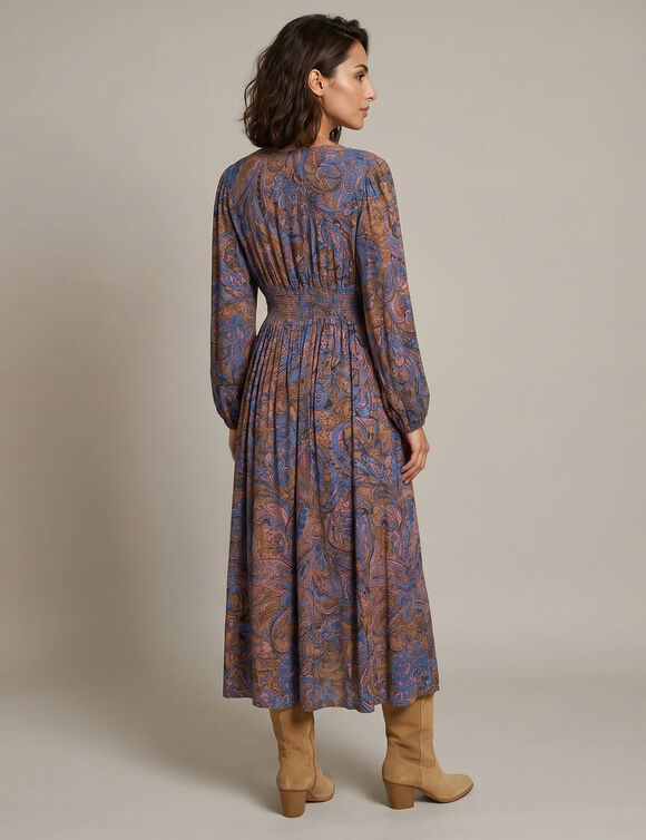 Robe longue col V, cr&eacute;pon imprim&eacute; fleurs indiennes (chocolat / bleu)
