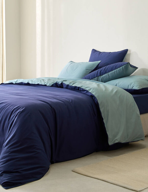 Linge de lit uni bicolore coton (marine / céladon)