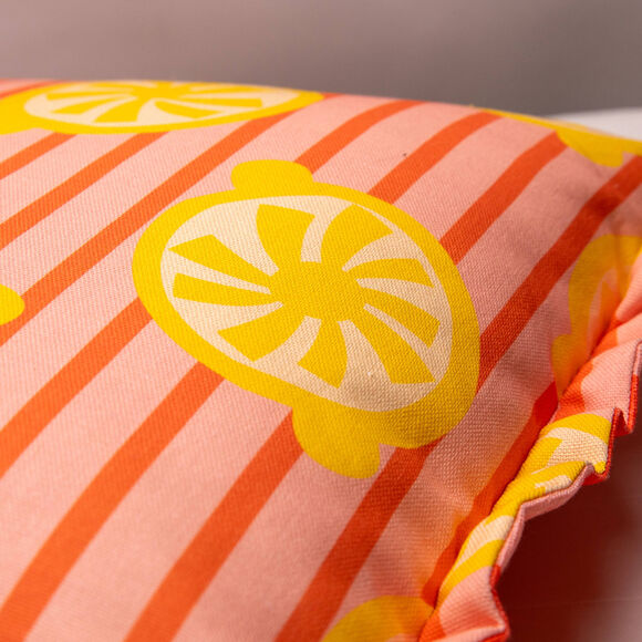 Coussin imprim&eacute; ray&eacute; et citrons (jaune / corail)