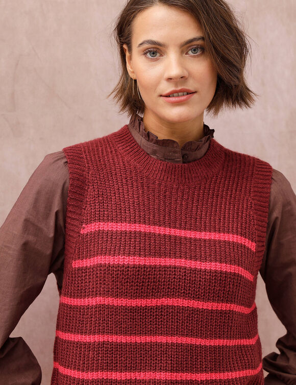 Pull sans manches ray&eacute;, maille anglaise (bordeaux / rose)