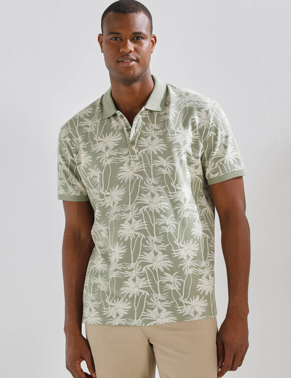 Polo met palmbomenprint en korte mouwen in piqu&eacute;tricot (groen / ecru)