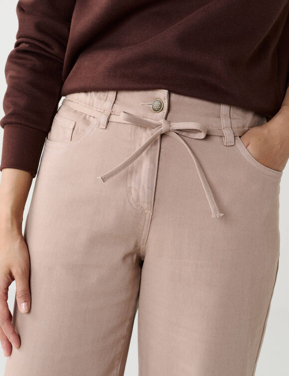 Wijde broek met hoge taille en halfelastische tailleband met strikje, katoen (donkerbeige)