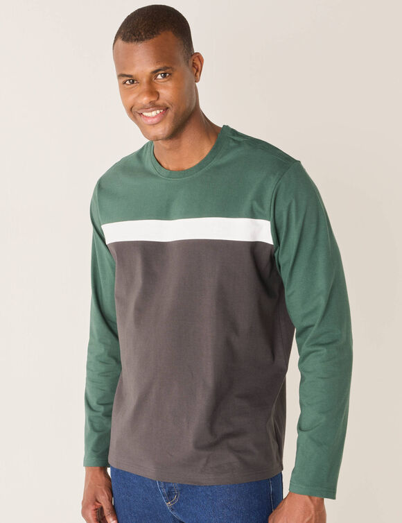 T-shirt facile à enfiler manches longues ouverture épaule (vert / anthracite)