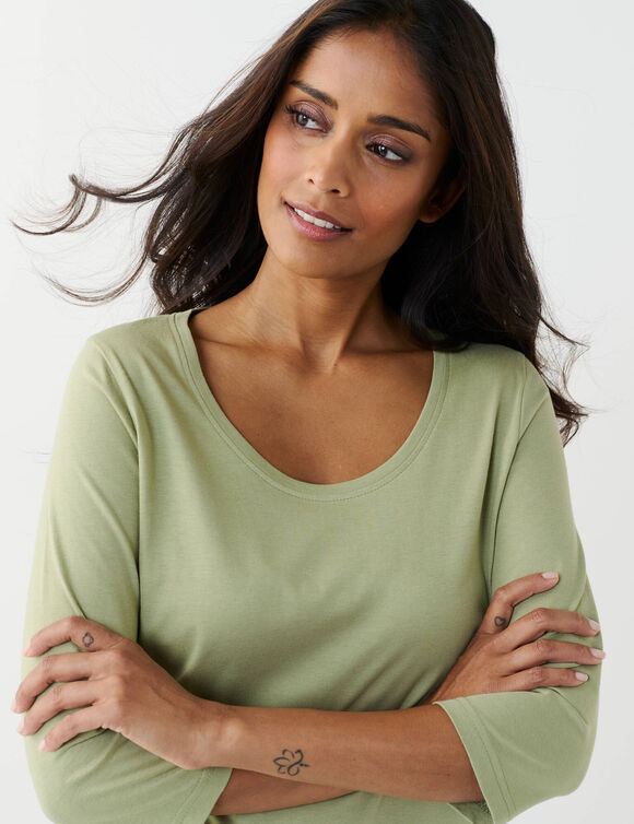 T-shirt manches 3/4 uni, coton (kaki clair)
